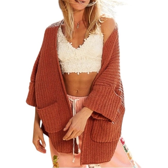 POL Sweaters - POL Chunky Knit Cardigan Rust Sweater Pockets Cropped Sleeve Size L Boho
